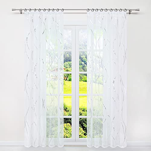 SCHOAL Gardinen mit Kräuselband Transparente Vorhänge Voile Gardinenschal Fensterschal Modern Dekoschals mit glänzenden Wellen Muster 1 Stück BxH 140x245cm Silber von SCHOAL