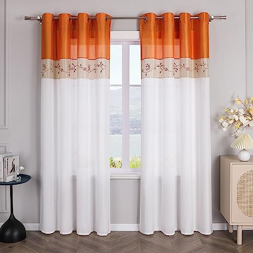 SCHOAL Gardinen mit Ösen Halbtransparente Vorhänge Weiß Gardinenschal Fensterschal Landhaus Dekoschals Wohnzimmer Bestickt 1 Stück BxH 140x225cm Orange von SCHOAL