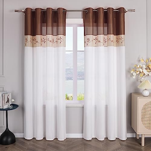 SCHOAL Gardinen mit Ösen Halbtransparente Vorhänge Weiß Gardinenschal Fensterschal Landhaus Dekoschals Wohnzimmer Bestickt 1 Stück BxH 140x245cm Braun von SCHOAL