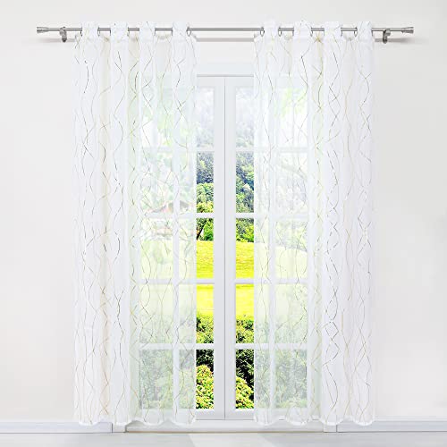 SCHOAL Gardinen mit Ösen Transparente Vorhänge Voile Gardinenschal Fensterschal Modern Dekoschals mit glänzenden Wellen Muster 1 Stück BxH 140x145cm Gold von SCHOAL