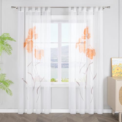 SCHOAL Gardinen mit Schlaufen Transparente Vorhänge Voile Fensterschal Modern Blumen Muster 1 Stück BxH 150x175cm Orange von SCHOAL