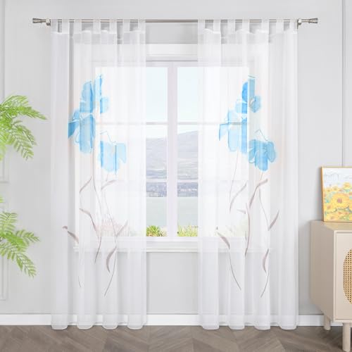 SCHOAL Gardinen mit Schlaufen Transparente Vorhänge Voile Fensterschal Modern Blumen Muster 1 Stück BxH 150x245cm Blau von SCHOAL