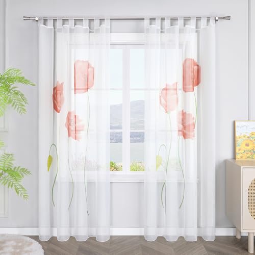 SCHOAL Gardinen mit Schlaufen Transparente Vorhänge Voile Gardinenschal Modern Blumen Muster 1 Stück BxH 150x245cm Rot von SCHOAL