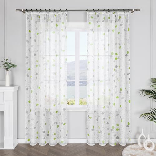 SCHOAL Gardinenschal mit Kräuselband Transparent Vorhang Voile Gardine mit Blätter Modern Dekoschal für Fenster 1 Stück BxH 140x175cm Grün von SCHOAL