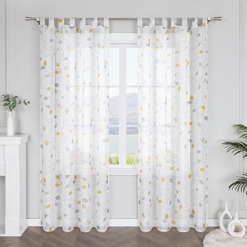 SCHOAL Gardinenschal mit Schlaufen Transparent Vorhang Voile Gardine mit Blätter Modern Dekoschal Schlaufenschal für Fenster 1 Stück BxH 140x225cm Gelb von SCHOAL