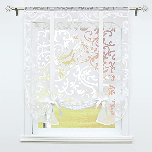 SCHOAL Raffrollo Küche Ausbrenner Raffgardine mit Tunnelzug Bindegardine Transparent Gardinen Modern Vorhänge mit Ranken Muster 1 Stück BxH 100x140 cm Weiß von SCHOAL