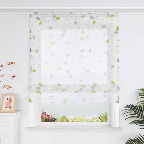 SCHOAL Raffrollo mit Klettband Transparente Rollo Raffgardine mit Blätter Voile Vorhang Landhaus Gardine für Küche Fenster 1 Stück BxH 100x140 cm Grün von SCHOAL