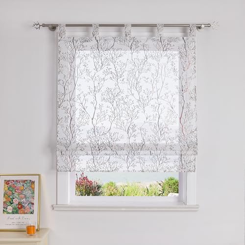 SCHOAL Raffrollo mit Schlaufen Gardine Transparent Vorhang mit Zweig Muster Raffgardinen Modern Schlaufenrollo 1 Stück BxH 140x140cm Braun von SCHOAL