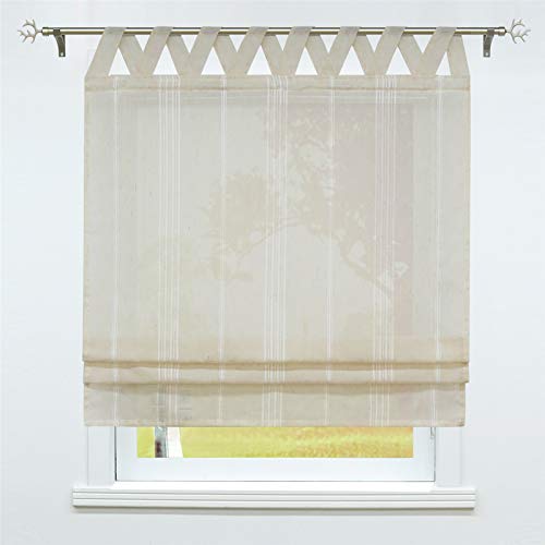 SCHOAL Raffrollo mit Schlaufen Halbtransparente Raffgardine Landhaus Schlaufenrollo Gardinen Leinen Streifen Muster 1 Stück BxH 60x140cm Beige #2 von SCHOAL