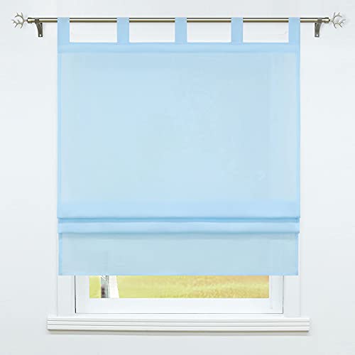 SCHOAL Raffrollo mit Schlaufen Raffgardine Transparent Küche Gardinen Schlaufenrollo Leinen Vorhänge Uni Blau BxH 60x140cm 1 Stück von SCHOAL