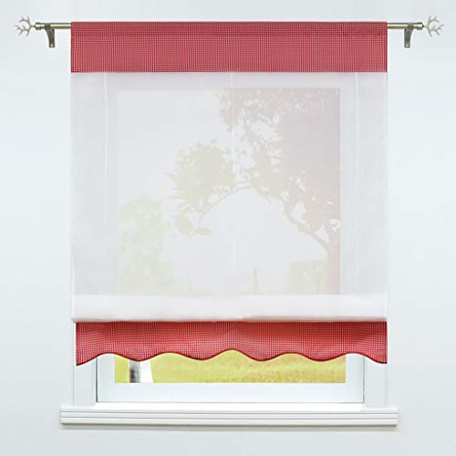 SCHOAL Raffrollo mit Tunnelzug Transparente Raffgardine Tunnelzugrollo Gardinen Landhaus Karierte Vorhang Voile 1 Stück BxH 120x155cm Rot von SCHOAL