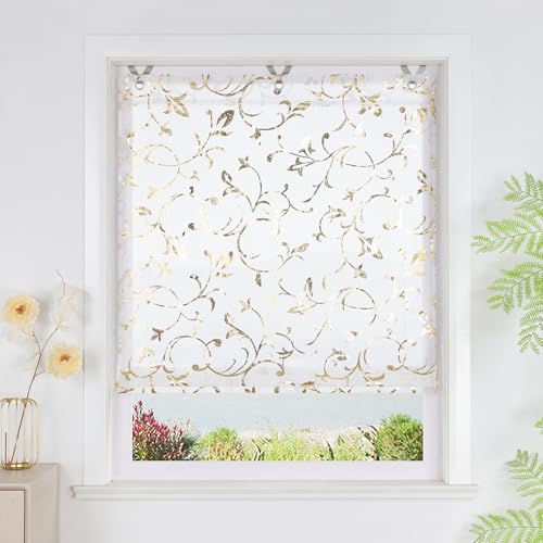 SCHOAL Raffrollo ohne Bohren Glänzende Gardine Transparent Ösenrollo Raffgardine mit Ösen 1 Stück BxH 100x130 cm Gold von SCHOAL