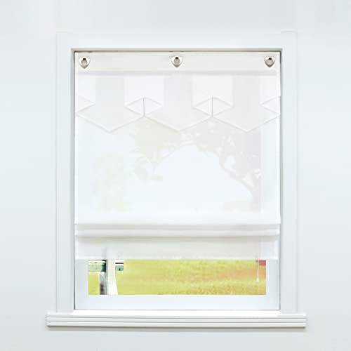 SCHOAL Raffrollo ohne Bohren Raffgardinen mit U-Haken Küche Gardinen mit Ösen Transparent Voile mit rautenförmigen Design Weiß BxH 100x140 1 Stück von SCHOAL