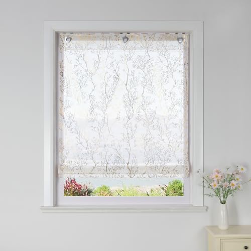 SCHOAL Raffrollo ohne Bohren für Fenster Raffgardine mit Ösen Transparente Gardine Ösenrollo mit Zweig 1 Stück BxH 60x140cm Gold von SCHOAL
