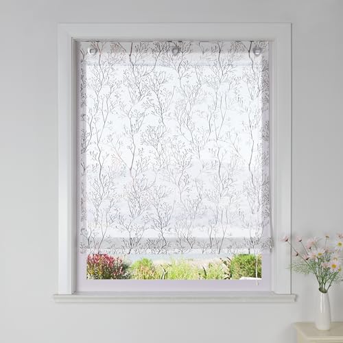 SCHOAL Raffrollo ohne Bohren für Fenster Raffgardine mit Ösen Transparente Gardine Ösenrollo mit Zweig 1 Stück BxH 80x140cm Braun SCHOAL Raffrollo ohne Bohren für Fenster Raffgardine mit Ösen Transparente Gardine Ösenrollo mit Zweig 1 Stück BxH 80x140cm Braun von SCHOAL