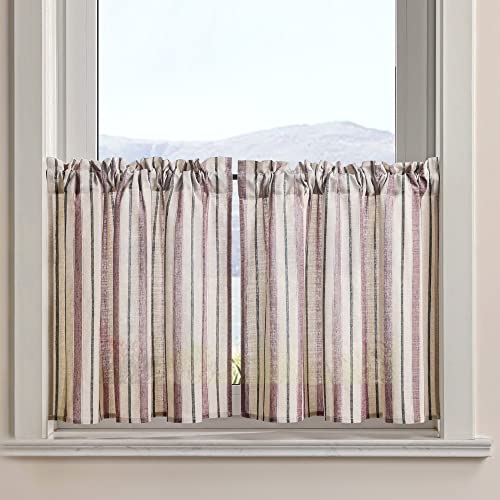 SCHOAL Scheibengardine Gestreift Leinen Gardinen Küchenvorhang Blickdicht Bistrogardinen Set Kurz Küchengardinen Klein Fenster mit Streifen HxB 90x60 cm 2 Stück Violett-Grau von SCHOAL