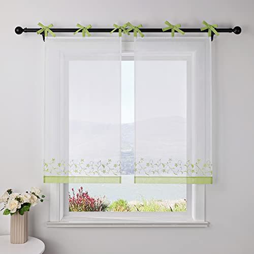 SCHOAL Scheibengardine mit Schlaufen 1 Piece Kleinfenster Weiß Gardinen Küche Voile Bistrogardinen Landhaus Fenstergardine 1 Stück BxH 80x120cm Grün von SCHOAL