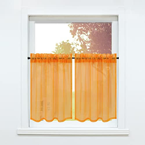 SCHOAL Scheibengardine mit Tunnelzug / Kräuselband 2 Stück Gardinen Küche Set Bistrogardinen Voile Stores Fenstergardine Uni Orange BxH 66x92cm von SCHOAL