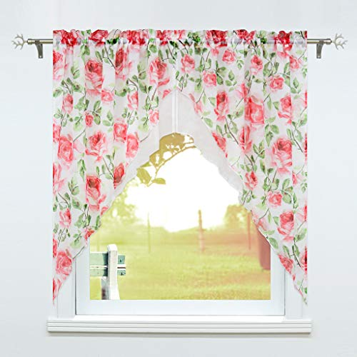 SCHOAL Scheibengardine mit Tunnelzug 2 Stück Kleinfenster Gardinen Küche Set Bistrogardinen Voile Stores Fenstergardine Blumen Muster BxH 120x125cm von SCHOAL