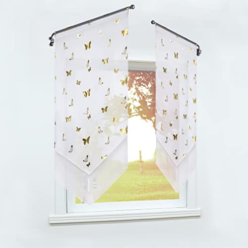 SCHOAL Scheibengardine mit Tunnelzug Bistrogardine Küche Rollos Voile Transparent Panneaux Schmetterling Muster Gold HxB 90x60cm 1 Stück von SCHOAL