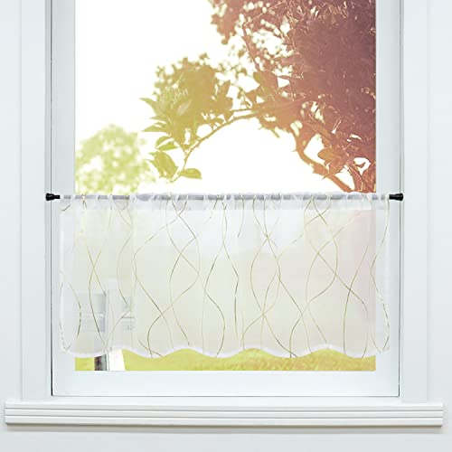 SCHOAL Scheibengardine mit Tunnelzug Gardinen Küche Modern Bistrogardinen Voile Stores Fenstergardine Weiß mit Wellen Muster Gold BxH 140x45cm 1 Stück von SCHOAL