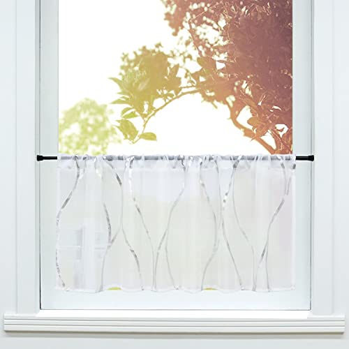 SCHOAL Scheibengardine mit Tunnelzug Gardinen Küche Modern Bistrogardinen Voile Stores Fenstergardine Weiß mit Wellen Muster Silber #1 BxH 90x60cm 1 Stück von SCHOAL