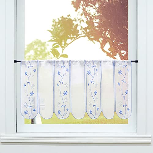 SCHOAL Scheibengardine mit Tunnelzug Gardinen Küche im Landhausstil Bistrogardinen Leinen Stores Fenstergardine mit Stickerei Blau BxH 90x45cm 1 Stück von SCHOAL