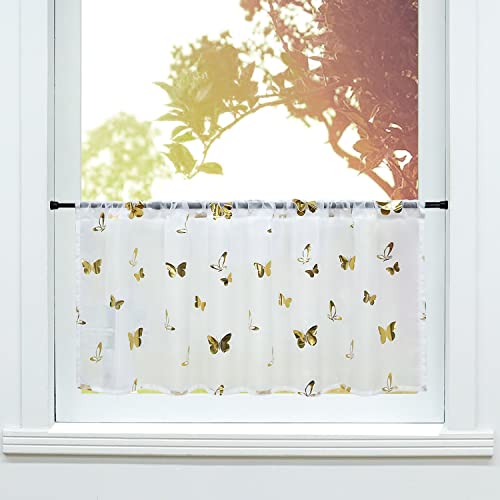 SCHOAL Scheibengardine mit Tunnelzug Gardinen Küche im Landhausstil Bistrogardinen Voile Stores Fenstergardine Weiß mit glänzenden Muster Gold #2 BxH 120x60cm 1 Stück von SCHOAL