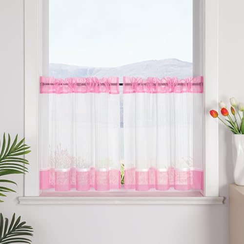 SCHOAL Scheibengardine mit Tunnelzug Transparent Vorhang 1 Stück Leinenoptik Kurzgardine Landhaus Bistrogardine HxB 60x145 Rosa von SCHOAL