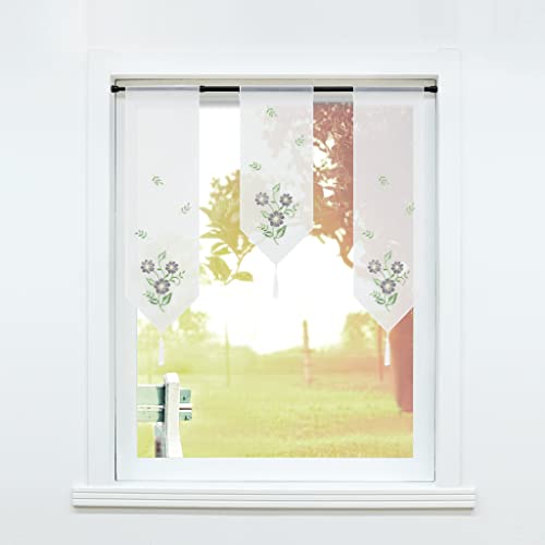 SCHOAL Scheibengardinen Set 3-teilig Bistrogardinen Küche Gardinen Voile Panneaux mit Quaste Lamellen Gardine Transparent Vorhang Bestickt Grau 3 Stück (BxH20x50cm + BxH20x70cm*2) von SCHOAL