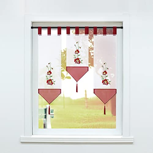 SCHOAL Scheibengardinen Set 3-teilig Bistrogardinen Küche Gardinen mit Schlaufen Panneaux mit Quaste Lamellen Gardine Transparent Vorhang Bestickt Rot 3 Stück (BxH20x50cm + BxH20x70cm*2) von SCHOAL
