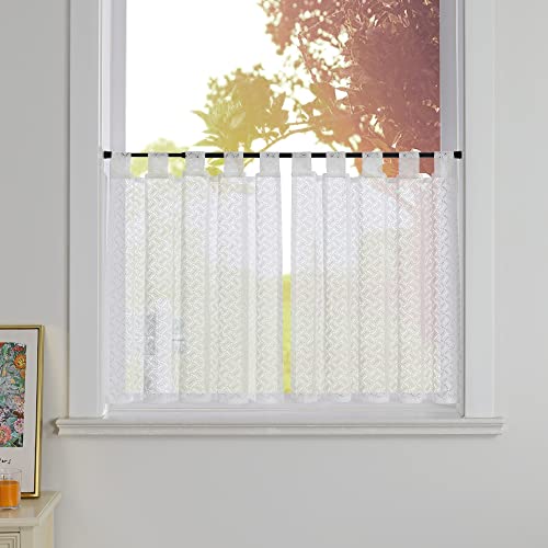 SCHOAL Scheibengardinen Transparent Bistrogardine Landhausstil mit Schlaufen 2 Stück Küche Gardine Kurztores Set Fenstergardine Jacquard 2er Set Weiß Wohnzimmer HxB 90x90cm von SCHOAL