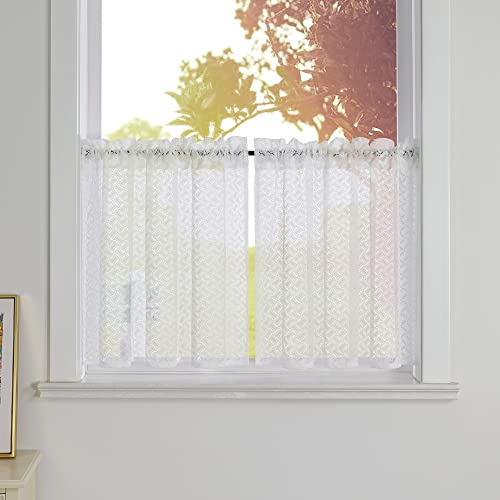 SCHOAL Scheibengardinen Transparent Bistrogardine Landhausstil mit Tunnelzug/Kräuselband 2 Stück Küche Gardine Kurztores Set Fenstergardine Jacquard 2er Set Weiß Wohnzimmer HxB 60x120cm von SCHOAL