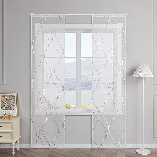 SCHOAL Schiebegardinen mit Klettband Transparente Schiebevorhang 2er Set Voile Gardinenschal Fensterschal mit glänzenden Wellen Muster BxH 57x145cm Silber von SCHOAL