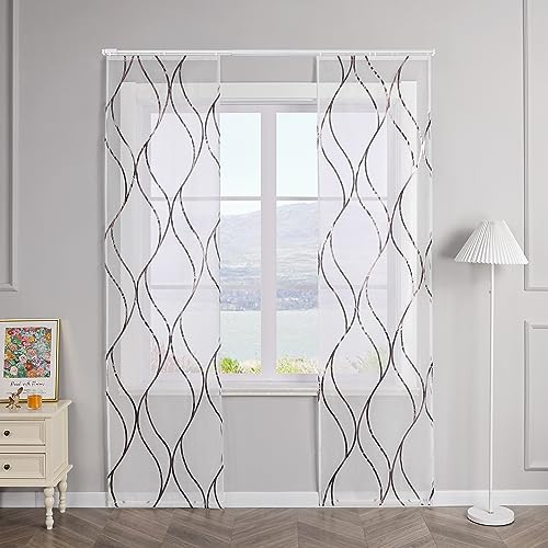 SCHOAL Schiebegardinen mit Klettband Transparente Schiebevorhang 2er Set Voile Gardinenschal Fensterschal mit glänzenden Wellen Muster BxH 57x175cm Braun von SCHOAL