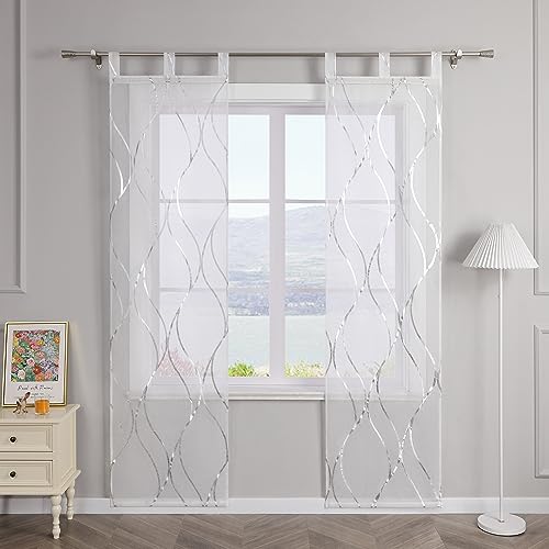 SCHOAL Schiebegardinen mit Schlaufen Transparente Schiebevorhang 2er Set Voile Gardinenschal Fensterschal mit glänzenden Wellen Muster BxH 57x145cm Silber von SCHOAL