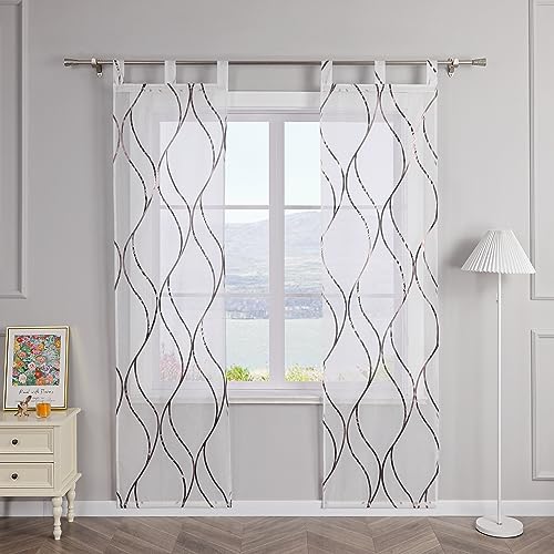 SCHOAL Schiebegardinen mit Schlaufen Transparente Schiebevorhang 2er Set Voile Gardinenschal Fensterschal mit glänzenden Wellen Muster BxH 57x245cm Braun von SCHOAL