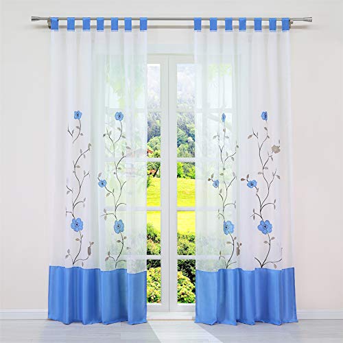 SCHOAL Transparente Gardinen mit Schlaufen Vorhang Voile Schlaufenschal Bestickt Wohnzimmer Blumen Muster BxH 140x225cm 1 Stück Blau von SCHOAL