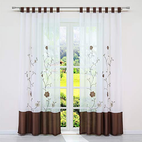 SCHOAL Transparente Gardinen mit Schlaufen Vorhang Voile Schlaufenschal Bestickt Wohnzimmer Blumen Muster BxH 140x245cm 1 Stück Braun von SCHOAL