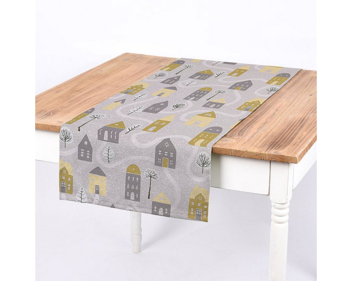 SCHÖNER LEBEN. Tischband »SCHÖNER LEBEN. Tischläufer Aspen Häuser grau gelb 40x160cm«, handmade von SCHÖNER LEBEN.