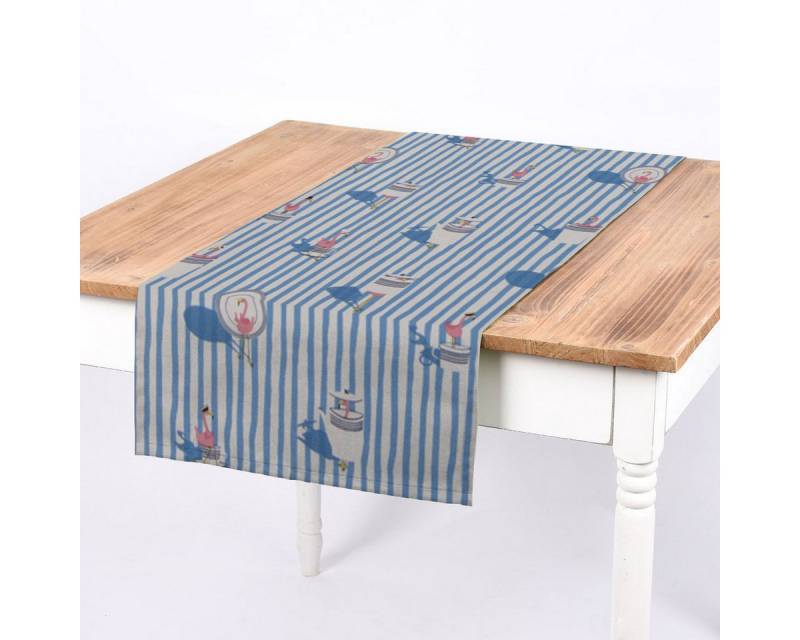 SCHÖNER LEBEN. Tischläufer SCHÖNER LEBEN. Tischläufer Canvas Flamingo Streifen maritim hellblau, handmade von SCHÖNER LEBEN.