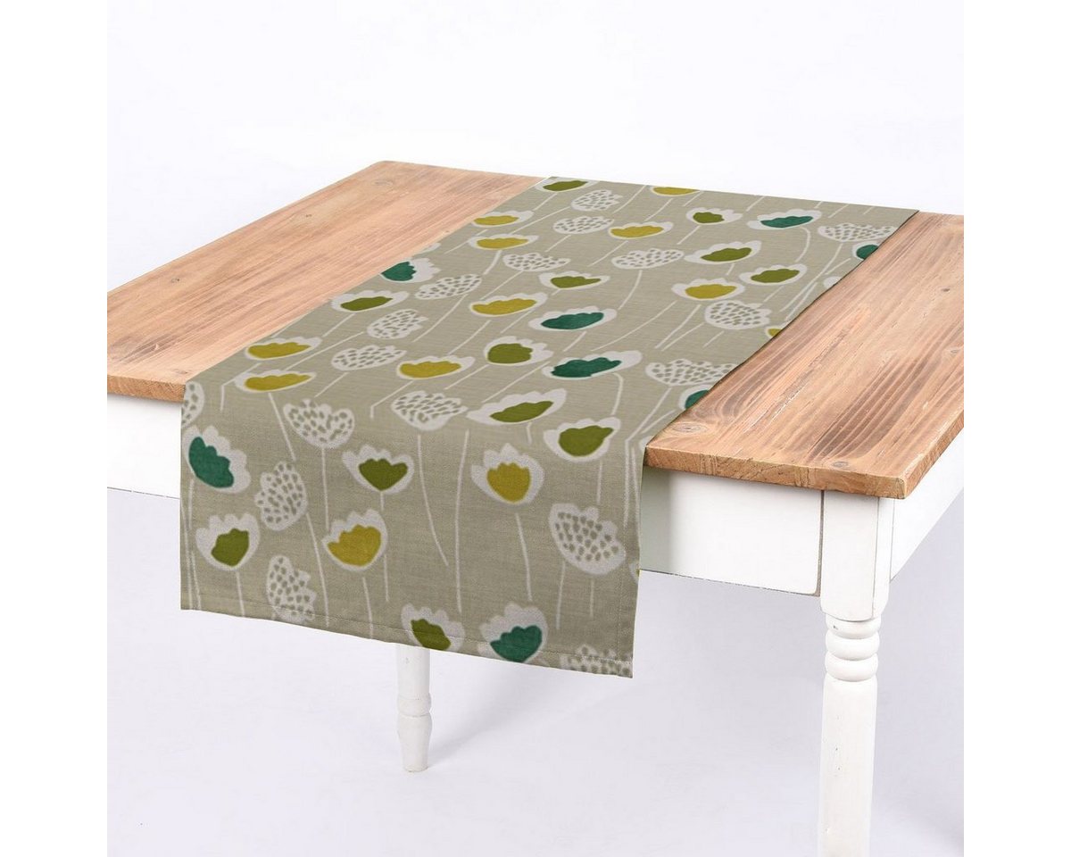 SCHÖNER LEBEN. Tischläufer SCHÖNER LEBEN. Tischläufer Clara Cactus Blumen grau grün 40x160cm, handmade von SCHÖNER LEBEN.