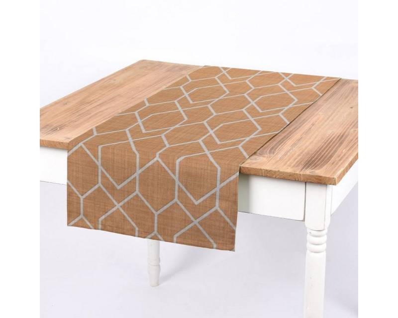 SCHÖNER LEBEN. Tischläufer SCHÖNER LEBEN. Tischläufer Geometrie Sechseck gelb beige 40x160cm, handmade von SCHÖNER LEBEN.