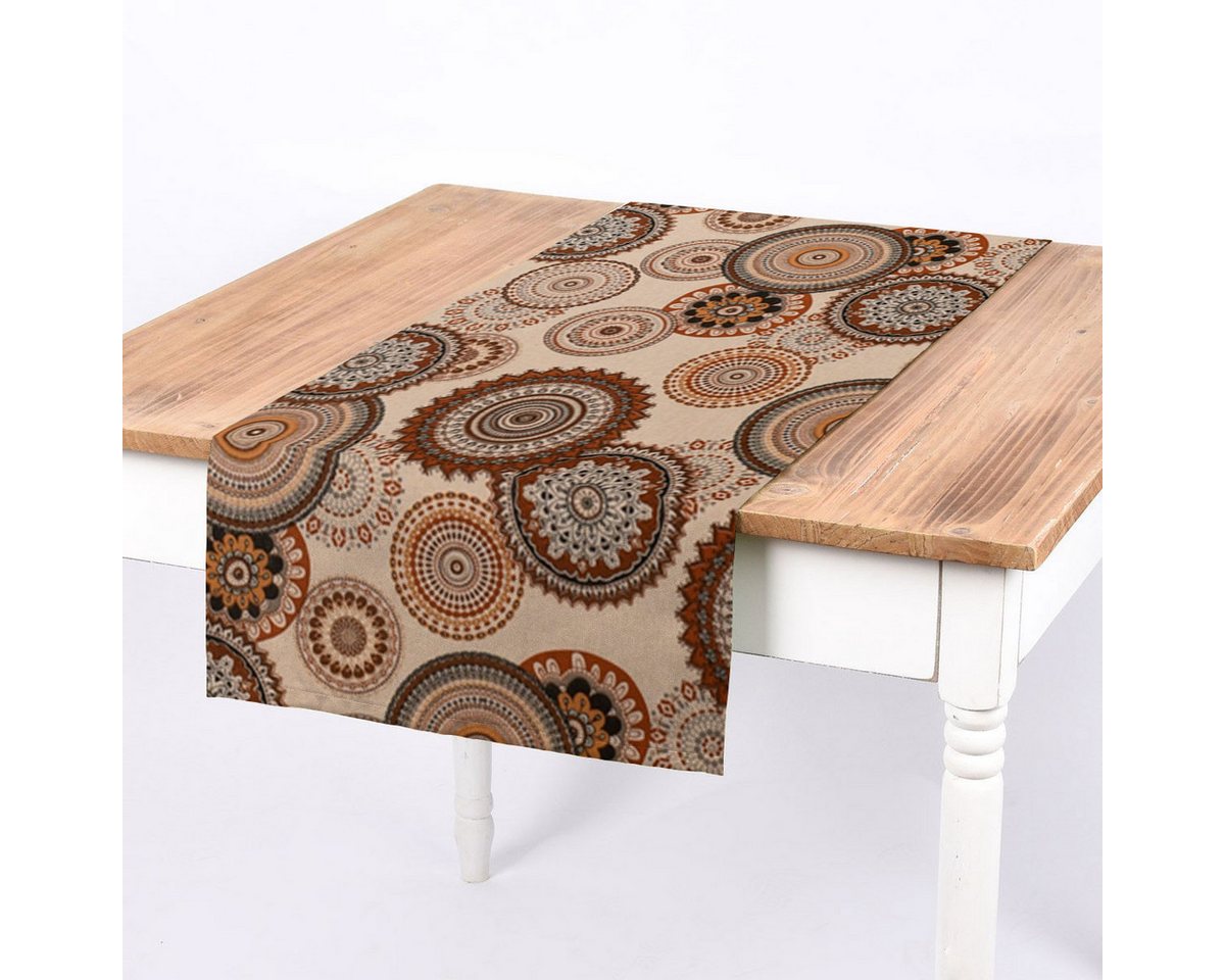 SCHÖNER LEBEN. Tischläufer SCHÖNER LEBEN. Tischläufer Leinenlook Geometric Mandala natur braun, handmade von SCHÖNER LEBEN.