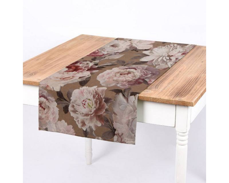 SCHÖNER LEBEN. Tischläufer SCHÖNER LEBEN. Tischläufer Pfingstrosen Rosenblüten taupe beige rosa, handmade von SCHÖNER LEBEN.