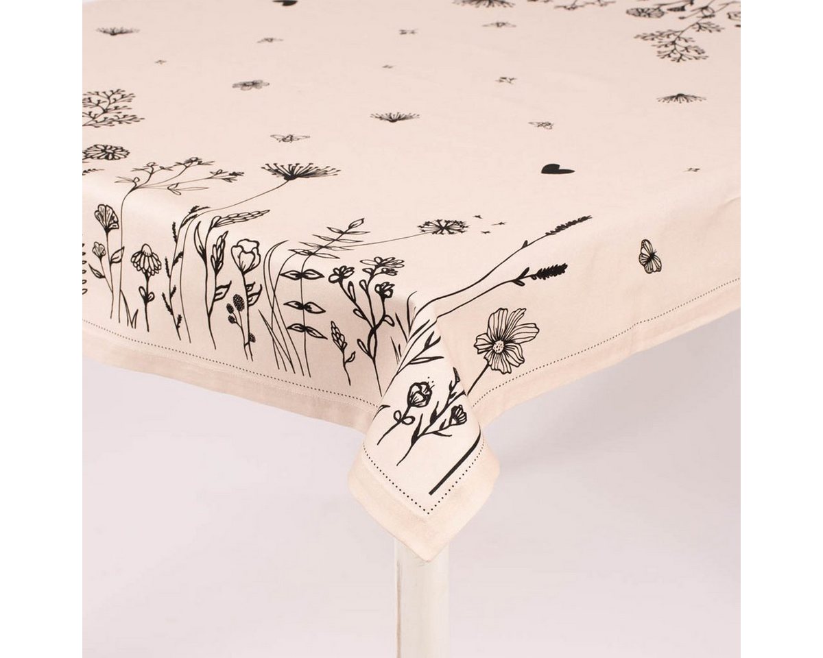 SCHÖNER LEBEN. Tischdecke Clayre & Eef Tischdecke Wiesenblumen beige schwarz 150x250cm, Kuvertsaum von SCHÖNER LEBEN.