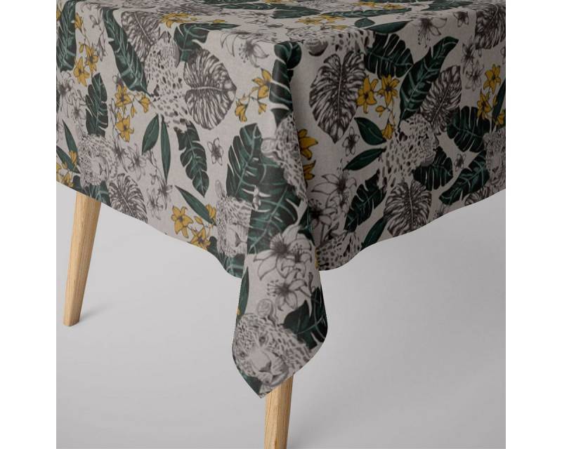 SCHÖNER LEBEN. Tischdecke SCHÖNER LEBEN. Tischdecke Blätter Leopard Dschungel natur grün gelb, handmade von SCHÖNER LEBEN.
