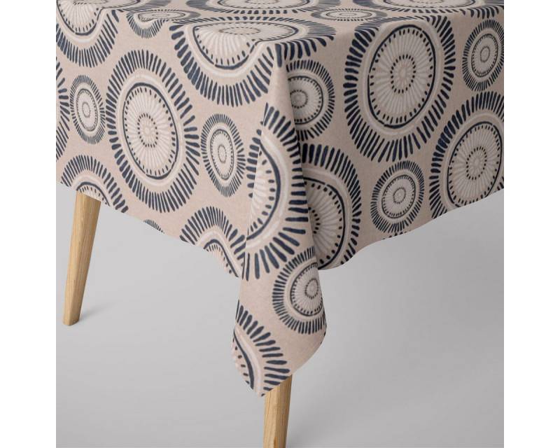 SCHÖNER LEBEN. Tischdecke SCHÖNER LEBEN. Tischdecke Mandala Punkte Striche natur nachtblau creme, handmade von SCHÖNER LEBEN.