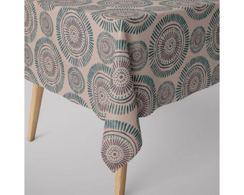 SCHÖNER LEBEN. Tischdecke SCHÖNER LEBEN. Tischdecke Mandala Punkte Striche natur petrol dunkel f, handmade von SCHÖNER LEBEN.
