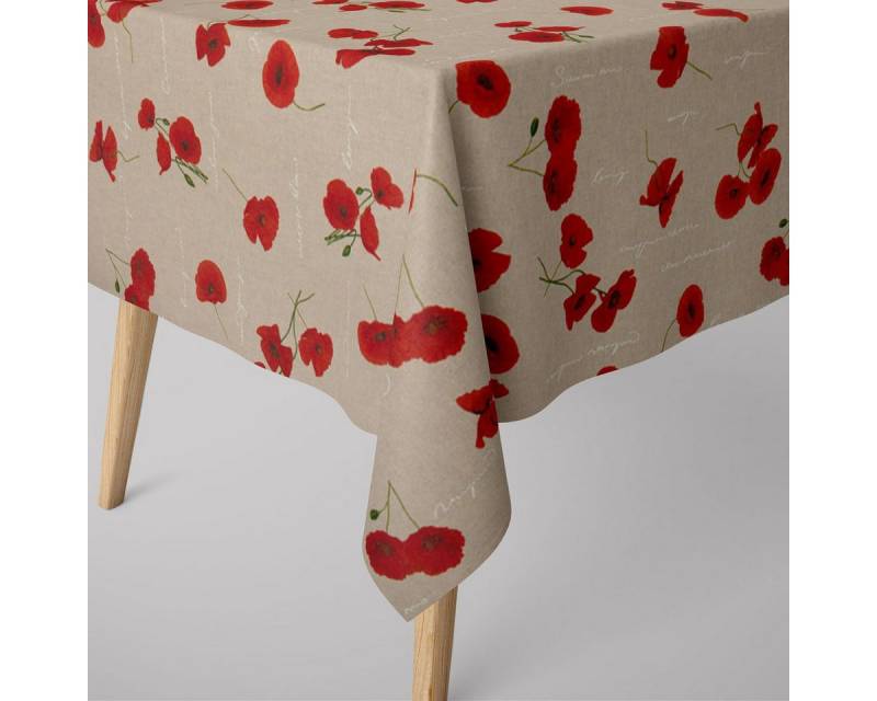 SCHÖNER LEBEN. Tischdecke SCHÖNER LEBEN. Tischdecke Mohnblumen Schriftzug natur rot grün weiß, handmade von SCHÖNER LEBEN.